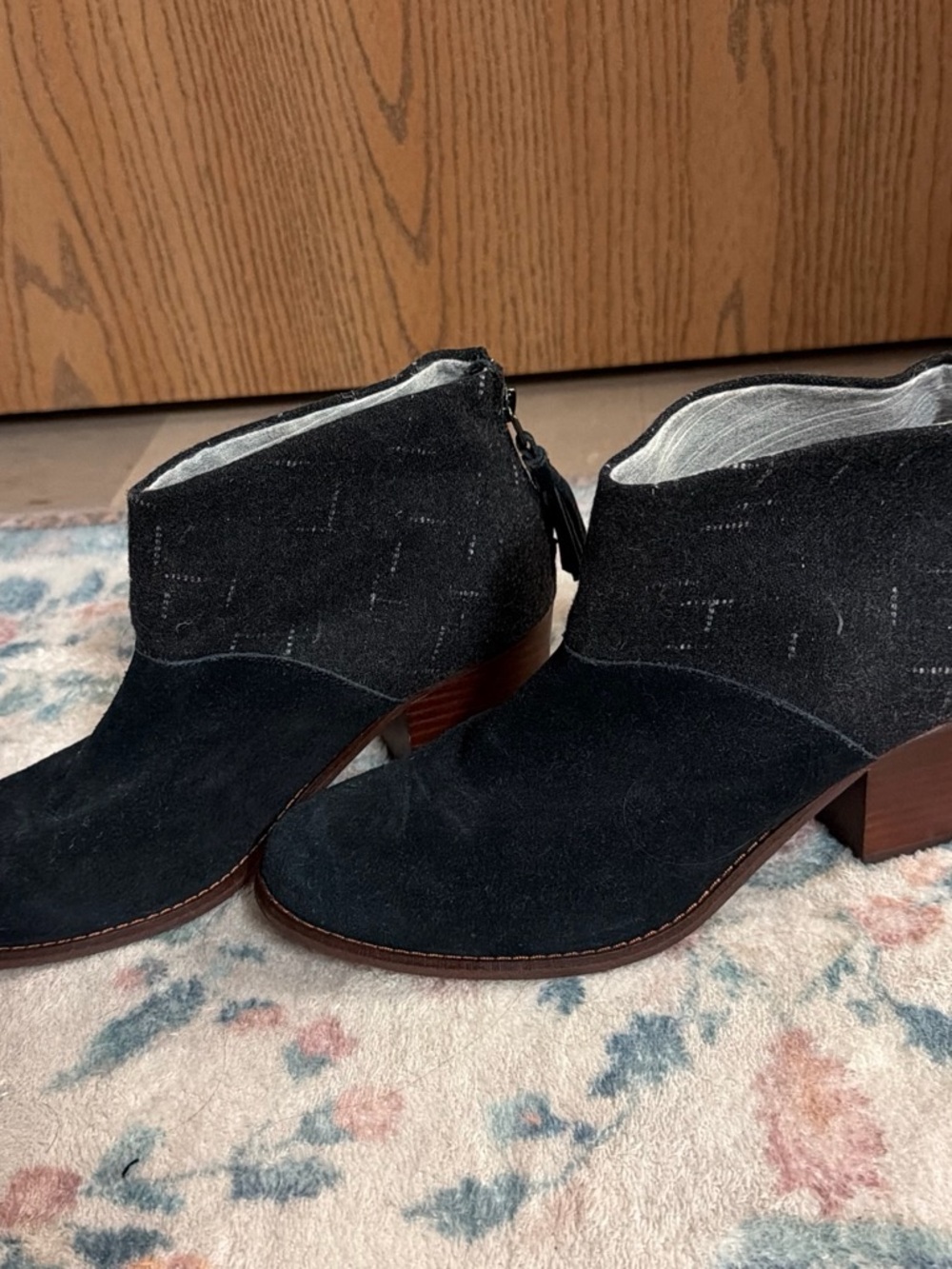 Toms Black Suede Low Block Heel Ankle Booties